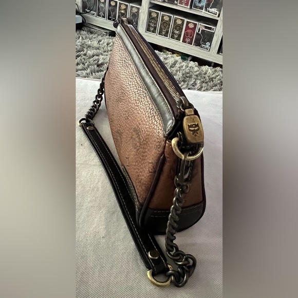 MCM Handbag Brown Black Leather Satchel Visetos Chain Strap Zip Clutch Purse - Picture 3 of 14